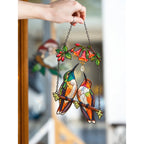 Hummingbird Couple Trumpet Flower Holographic Acrylic Suncatcher with Charm