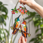 Hummingbird Couple Trumpet Flower Holographic Acrylic Suncatcher with Charm
