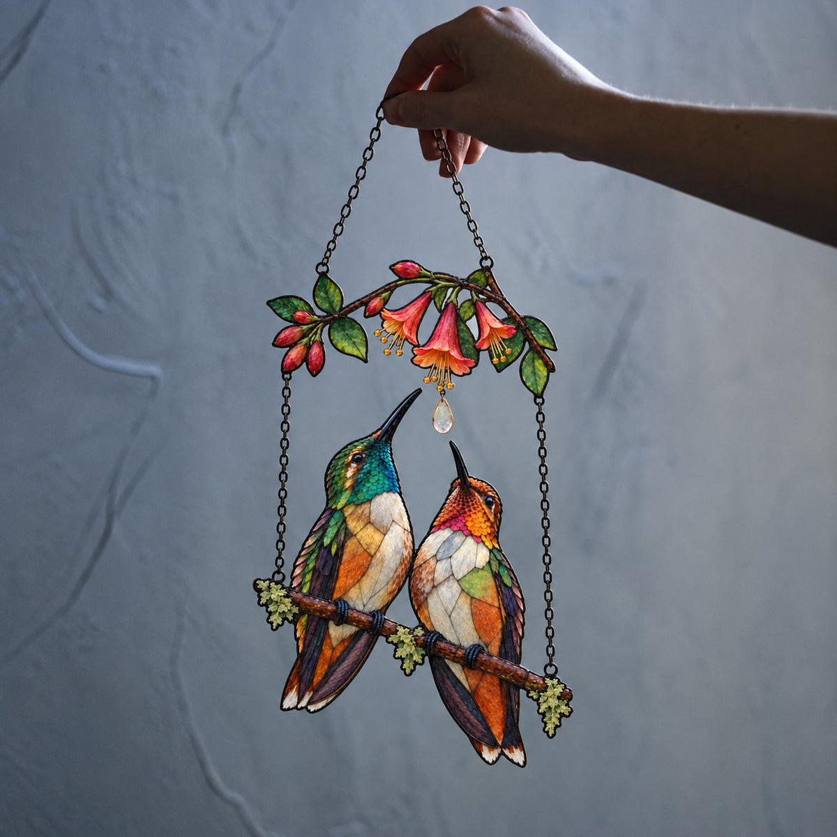 Hummingbird Couple Trumpet Flower Holographic Acrylic Suncatcher with Charm