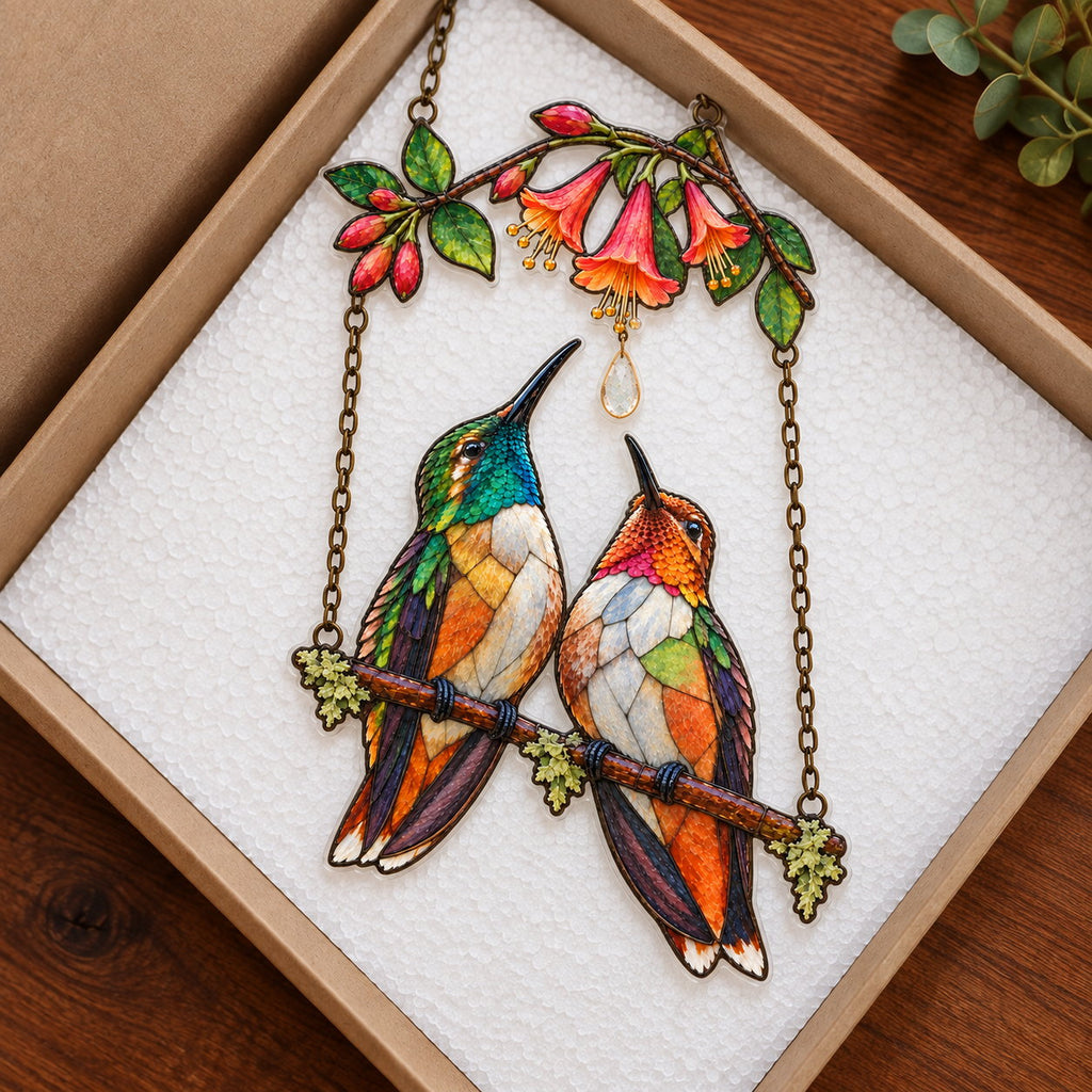 Hummingbird Couple Trumpet Flower Holographic Acrylic Suncatcher with Charm