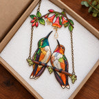 Hummingbird Couple Trumpet Flower Holographic Acrylic Suncatcher with Charm