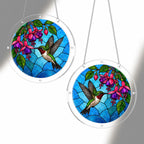 Two hummingbird fuchsia flower acrylic puzzle suncatchers hanging together to show different display sizes