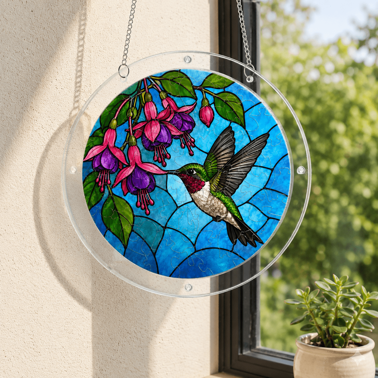Hummingbird fuchsia flower acrylic puzzle suncatcher hanging by a bright window with clear frame and metal chain