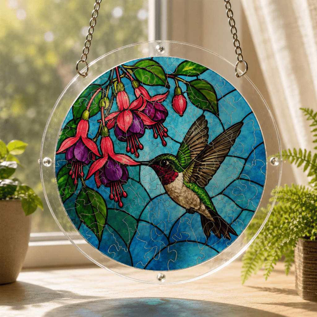 Hummingbird fuchsia flower acrylic puzzle suncatcher hanging near a sunny window with natural light