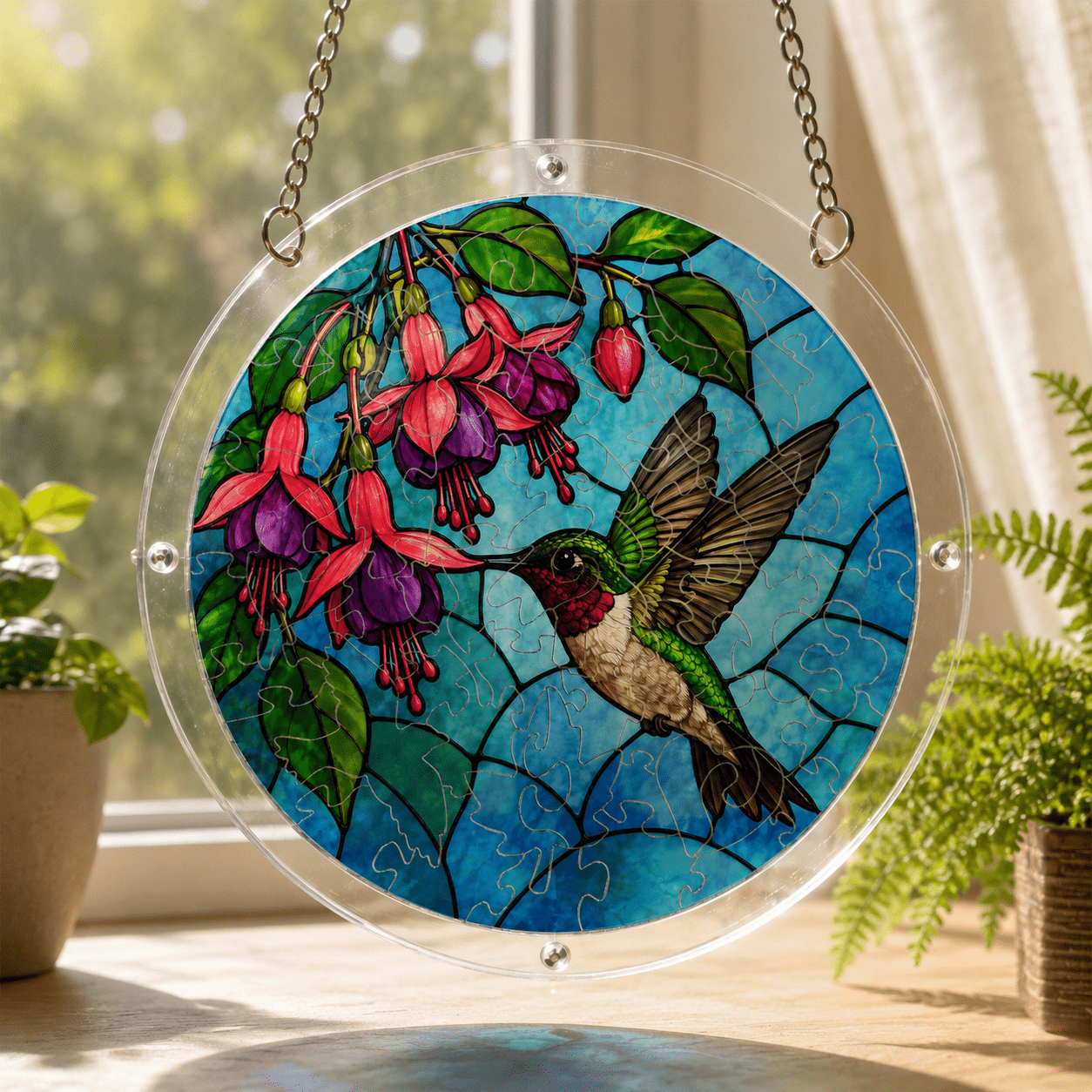 Hummingbird fuchsia flower acrylic puzzle suncatcher hanging near a sunny window with natural light