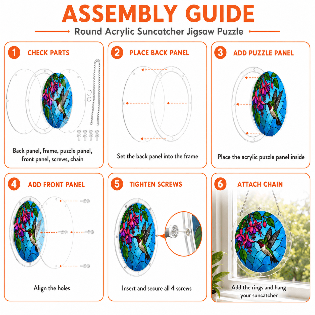 Easy assembly guide for round hummingbird fuchsia flower acrylic puzzle suncatcher
