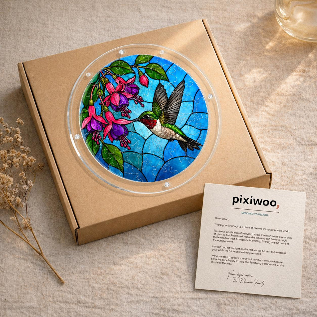 Gift-ready packaging for hummingbird fuchsia flower acrylic puzzle suncatcher with kraft box and Pixiwoo card