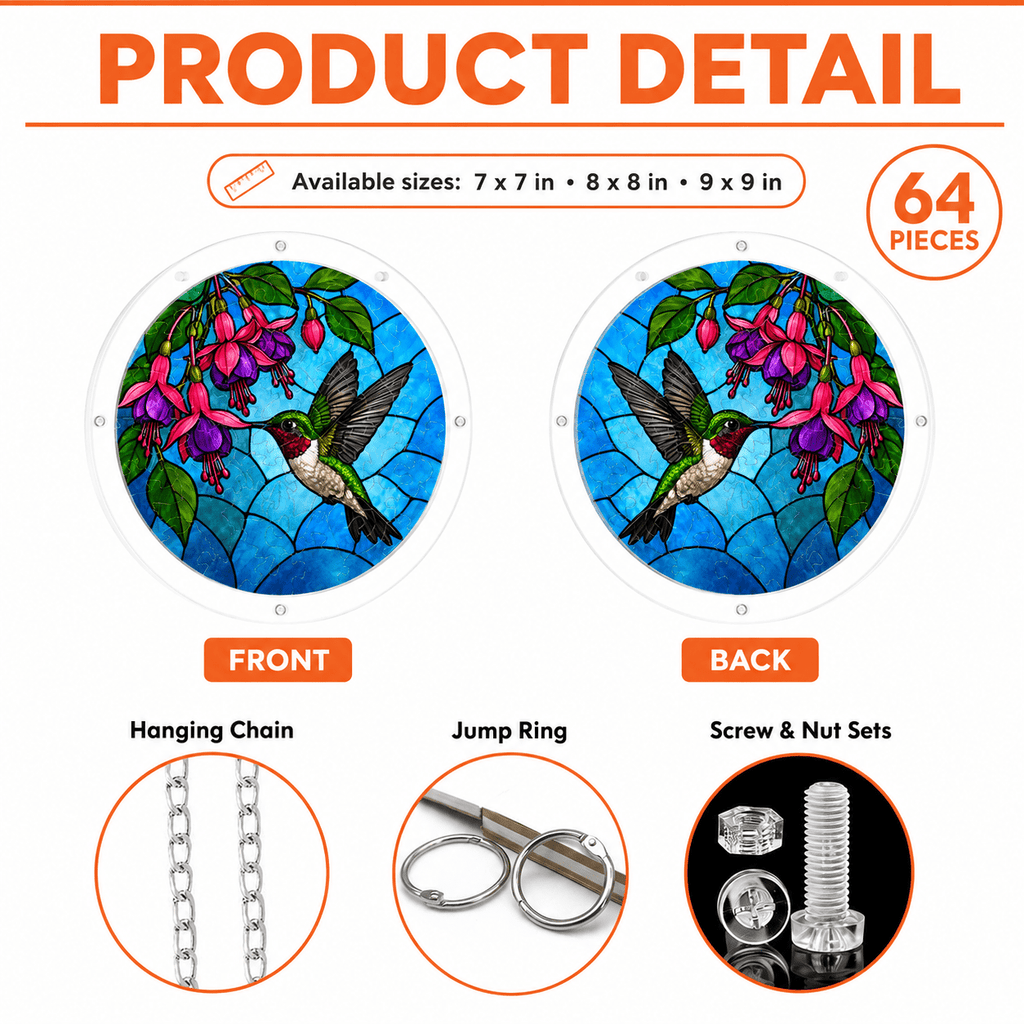 Product details for hummingbird fuchsia flower acrylic puzzle suncatcher showing sizes, 64 pieces, hanging chain, jump rings, and screw sets