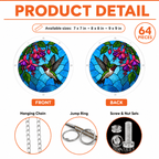 Product details for hummingbird fuchsia flower acrylic puzzle suncatcher showing sizes, 64 pieces, hanging chain, jump rings, and screw sets