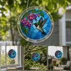 Hummingbird fuchsia flower acrylic puzzle suncatcher displayed as window, garden, and balcony decor