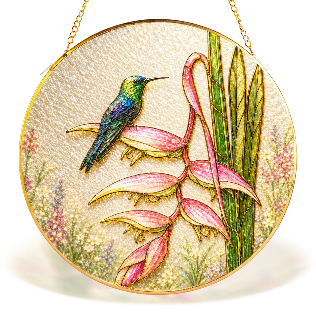 Hummingbird heliconia gold frame suncatcher in a sunny window