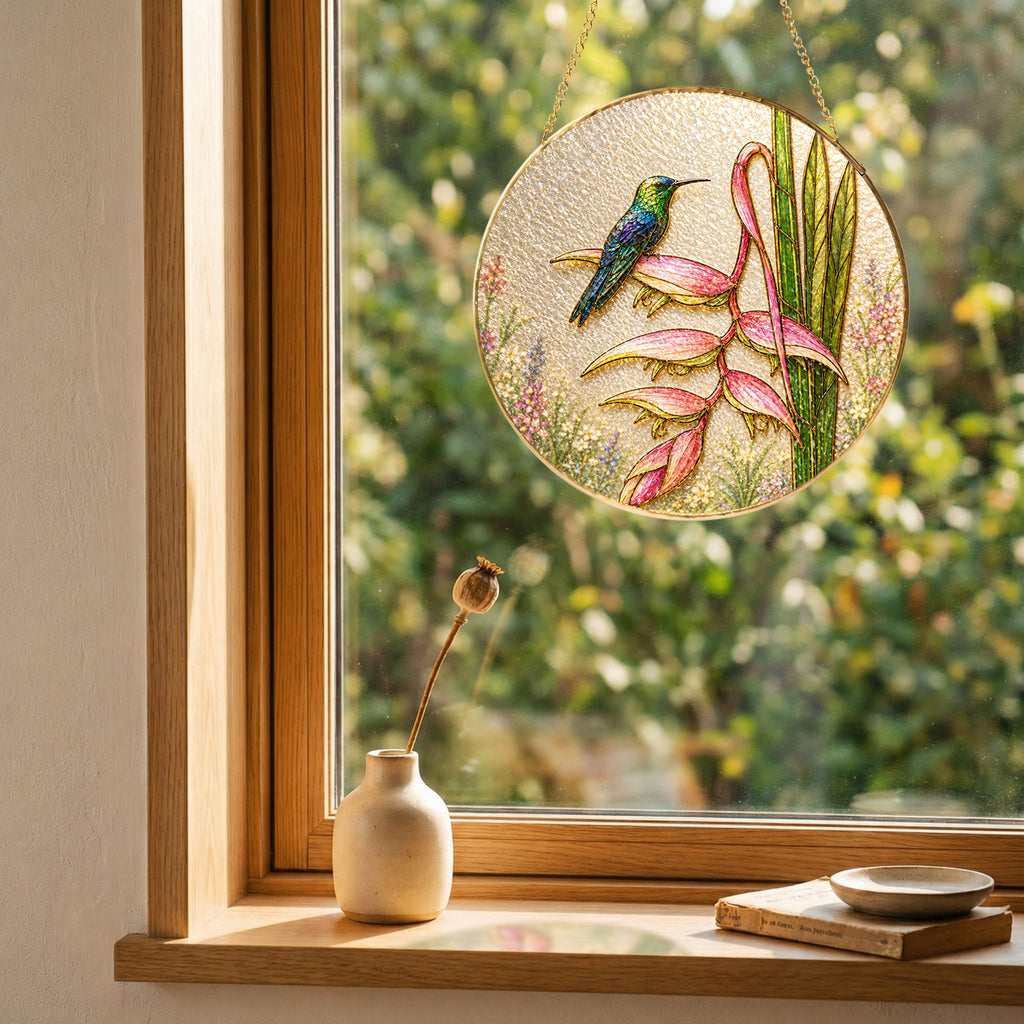 Hummingbird heliconia suncatcher in a bright window