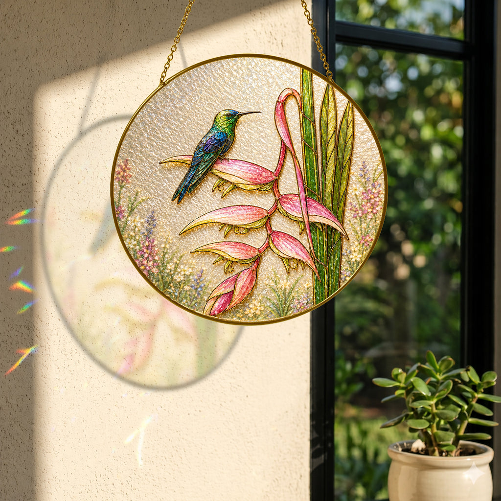 Hummingbird heliconia suncatcher with colorful light reflection