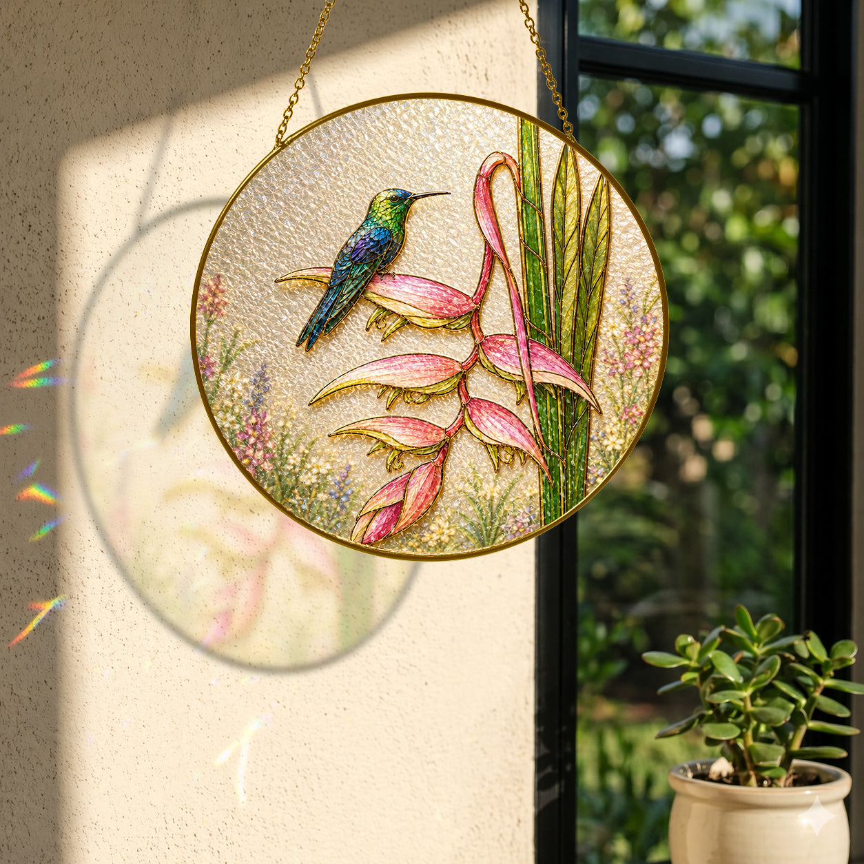Hummingbird heliconia suncatcher with colorful light reflection