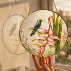 Hummingbird heliconia suncatcher size chart with 3.5, 4, 6, 7.8, 9.8, and 11.8 inch options