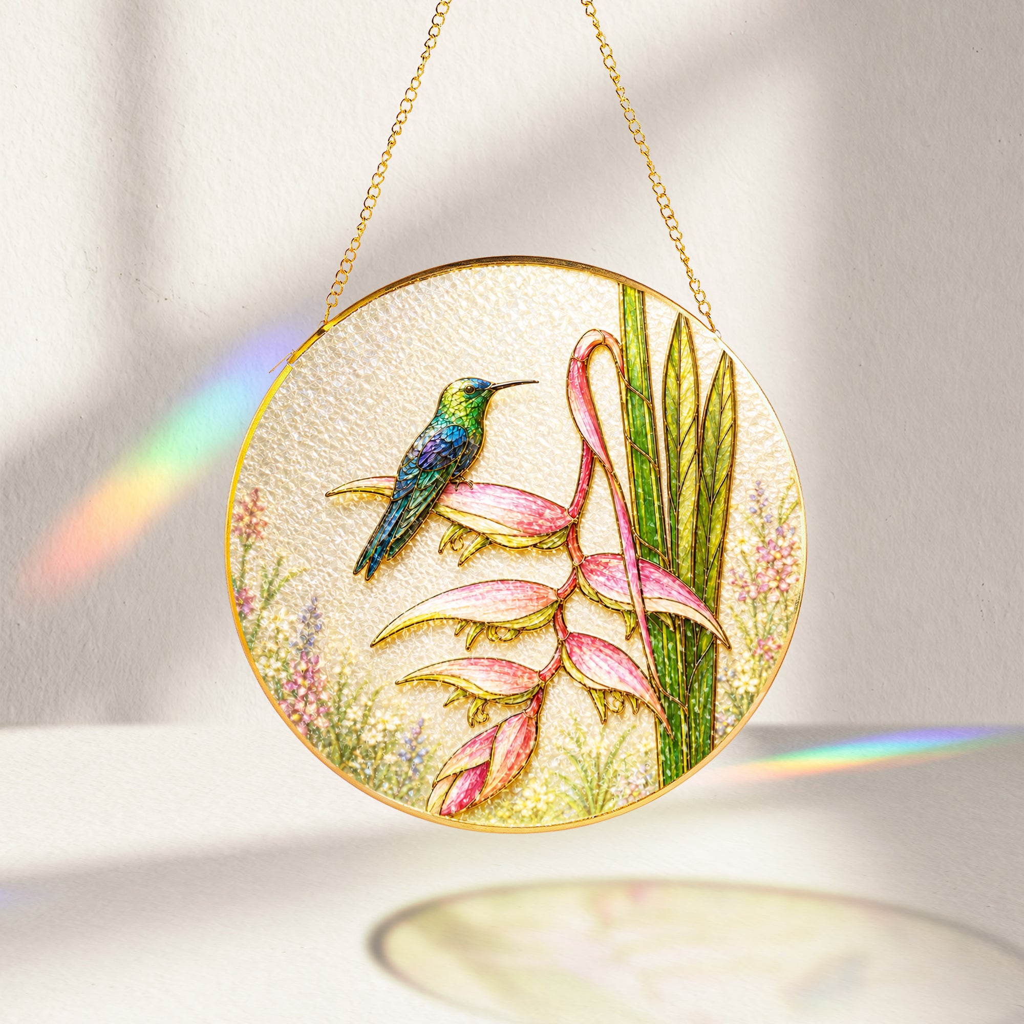 Hummingbird heliconia suncatcher with gold chain and suction cup