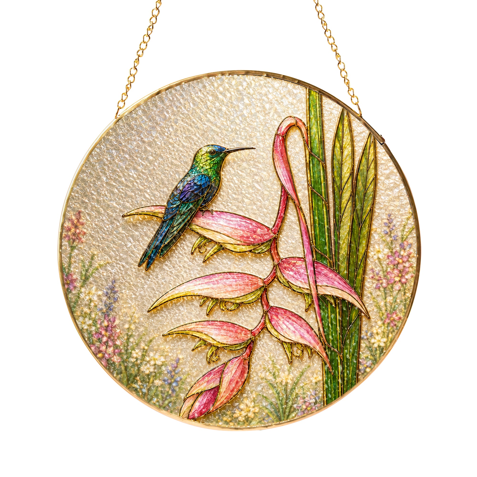 Hummingbird heliconia stained glass suncatcher on Pixiwoo gift packaging