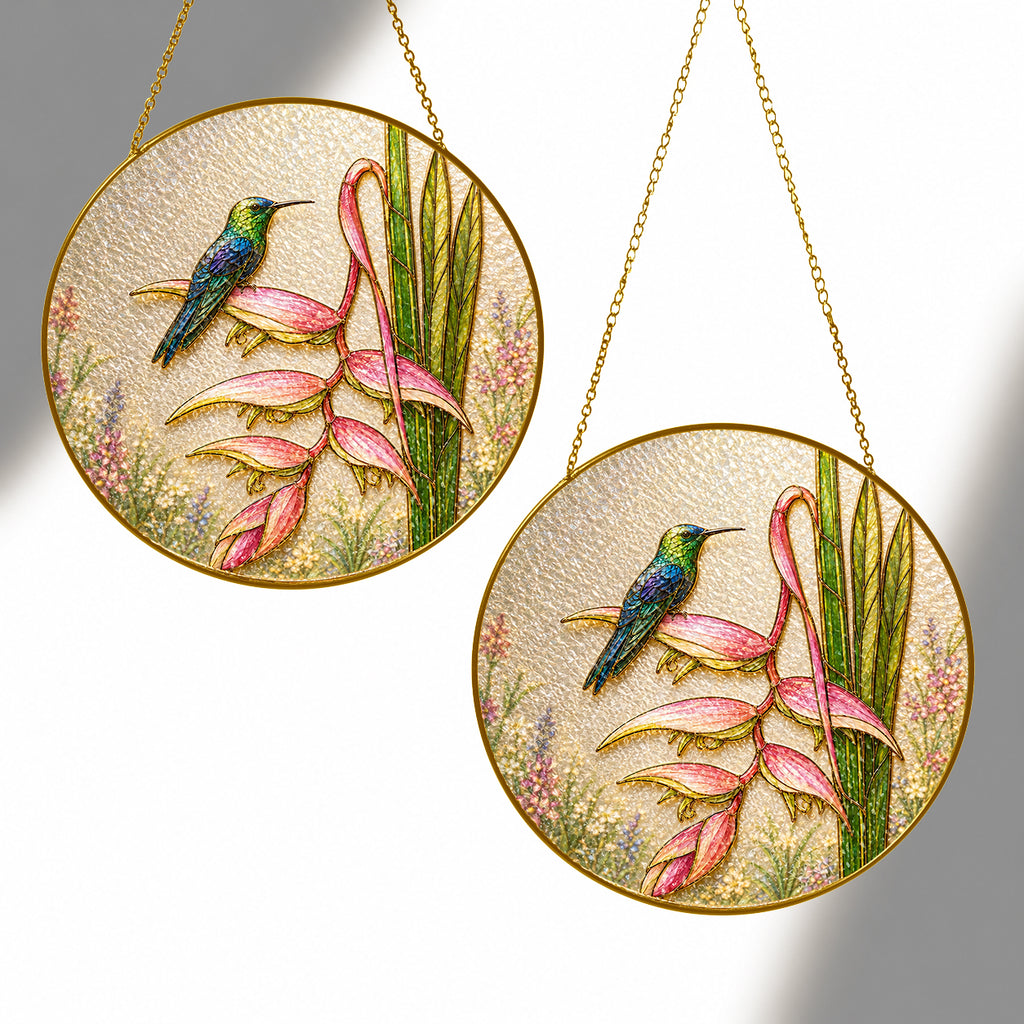 Hummingbird heliconia gold frame suncatcher product view