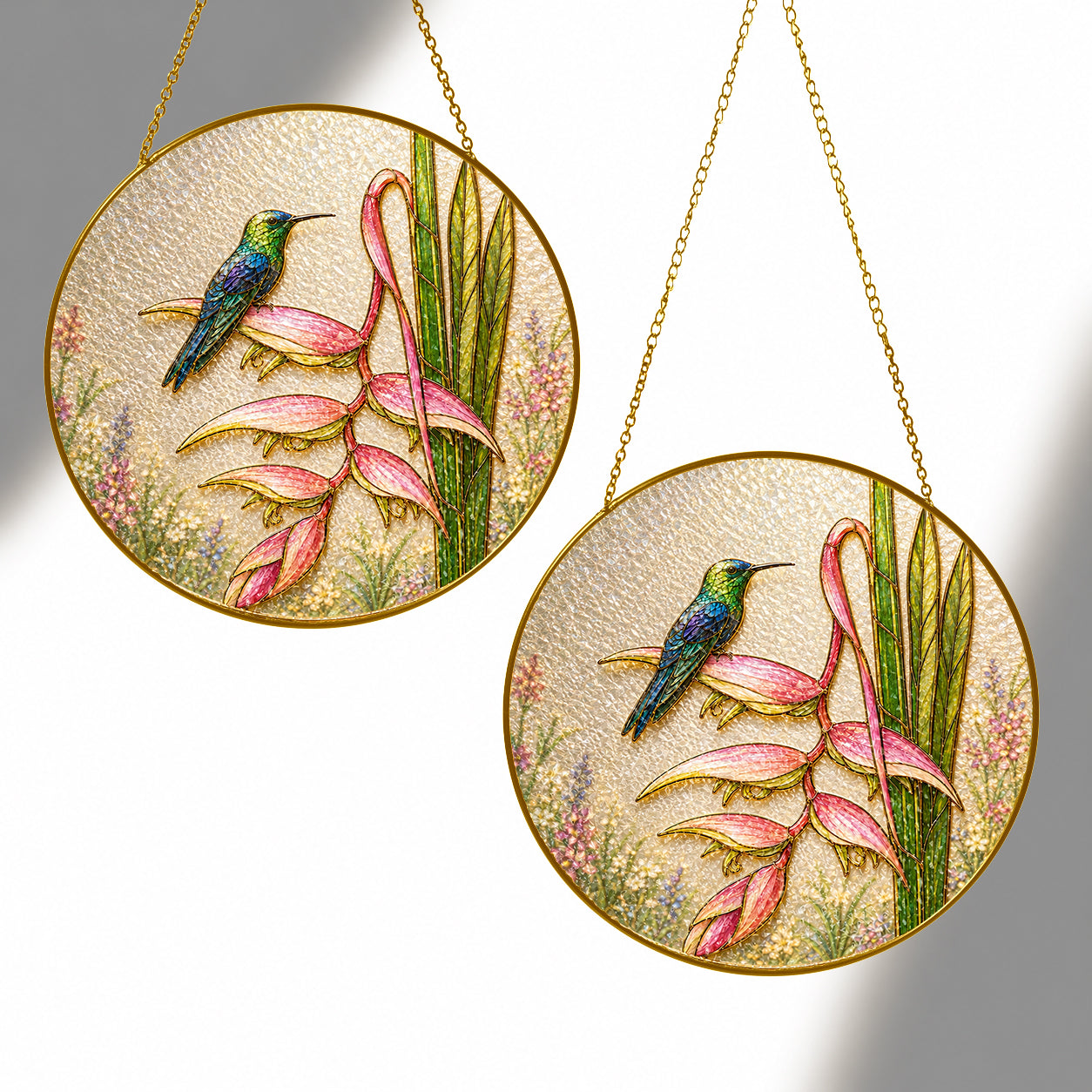 Hummingbird heliconia gold frame suncatcher product view