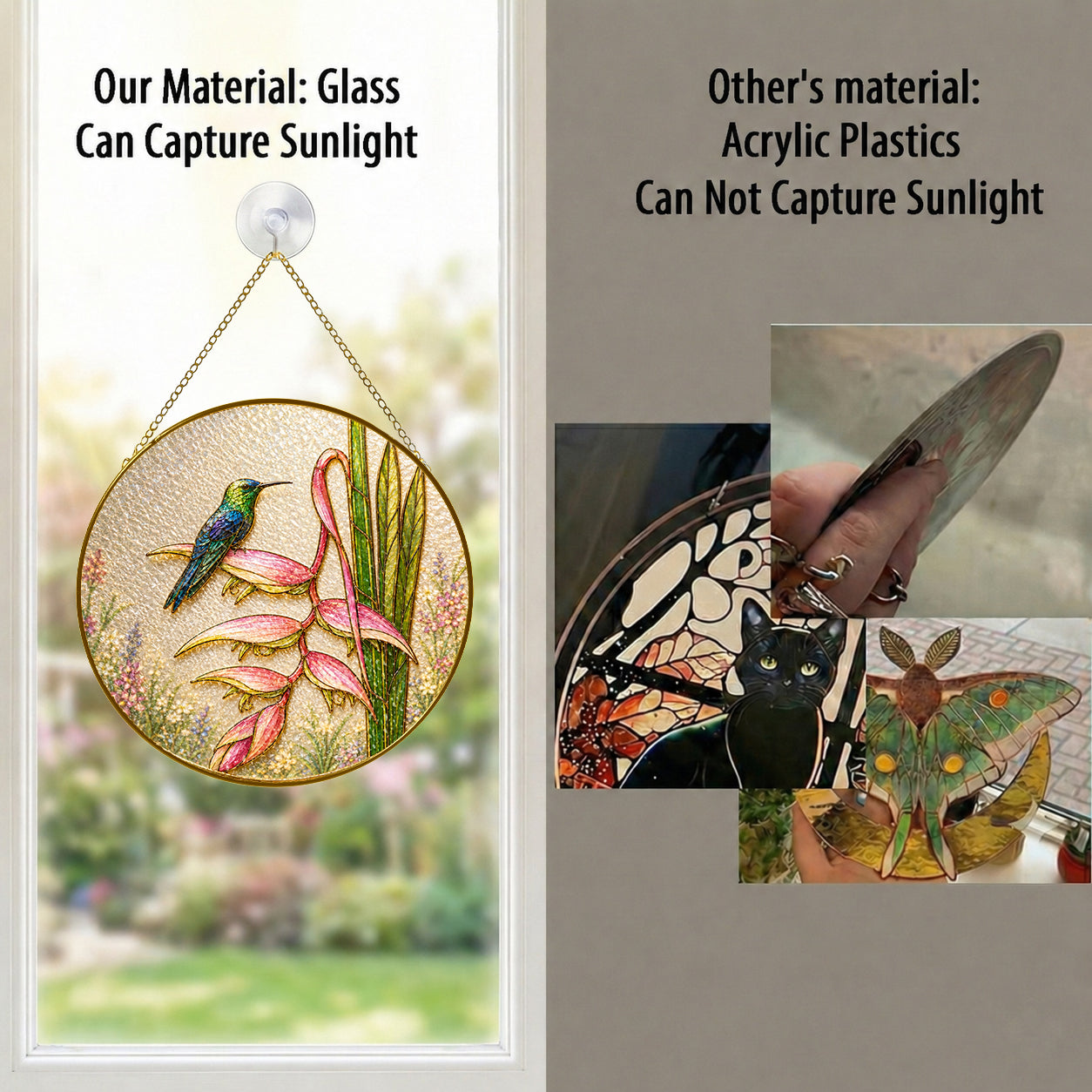 Hummingbird heliconia suncatcher shown in two sizes