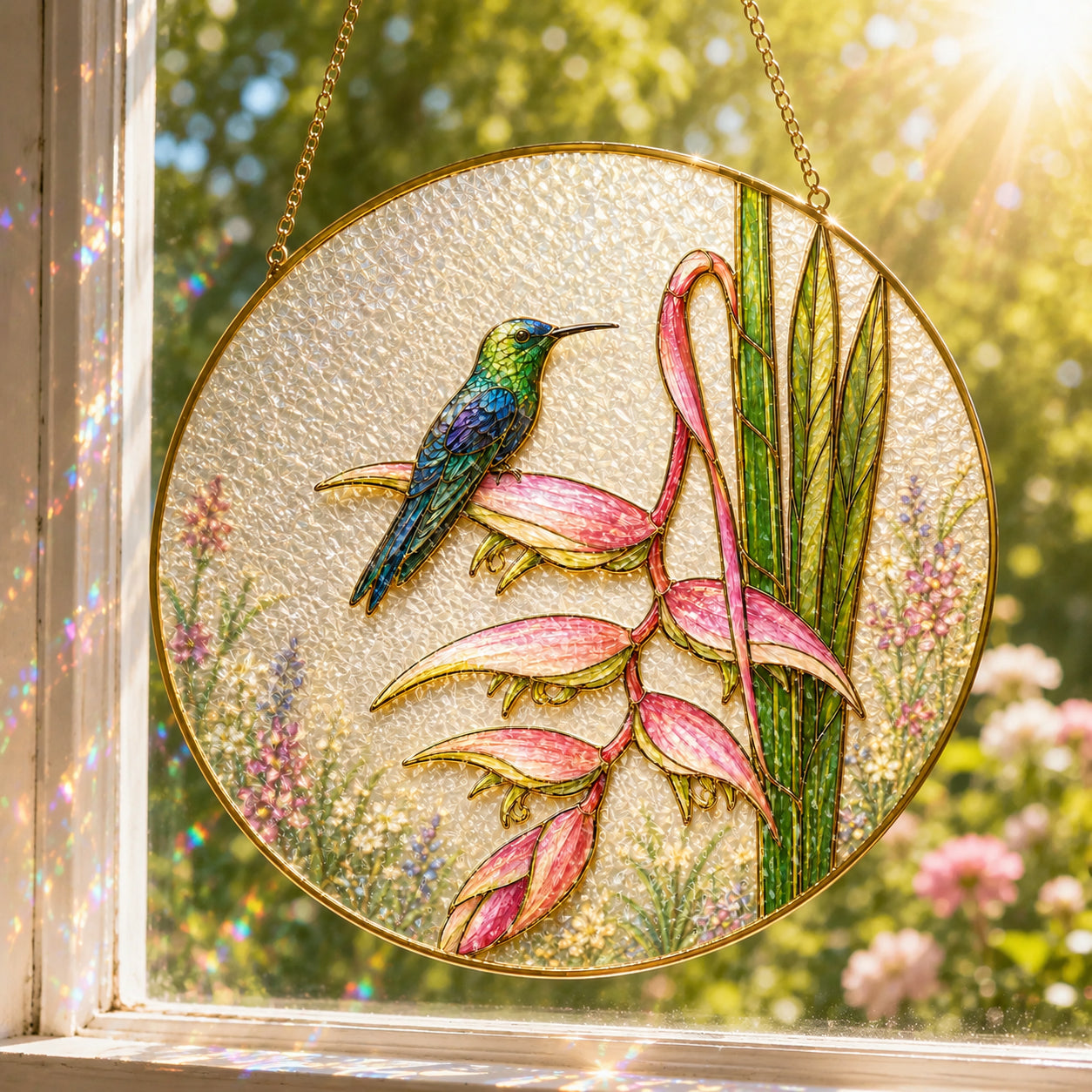 Real glass hummingbird heliconia suncatcher compared with acrylic, glass captures sunlight