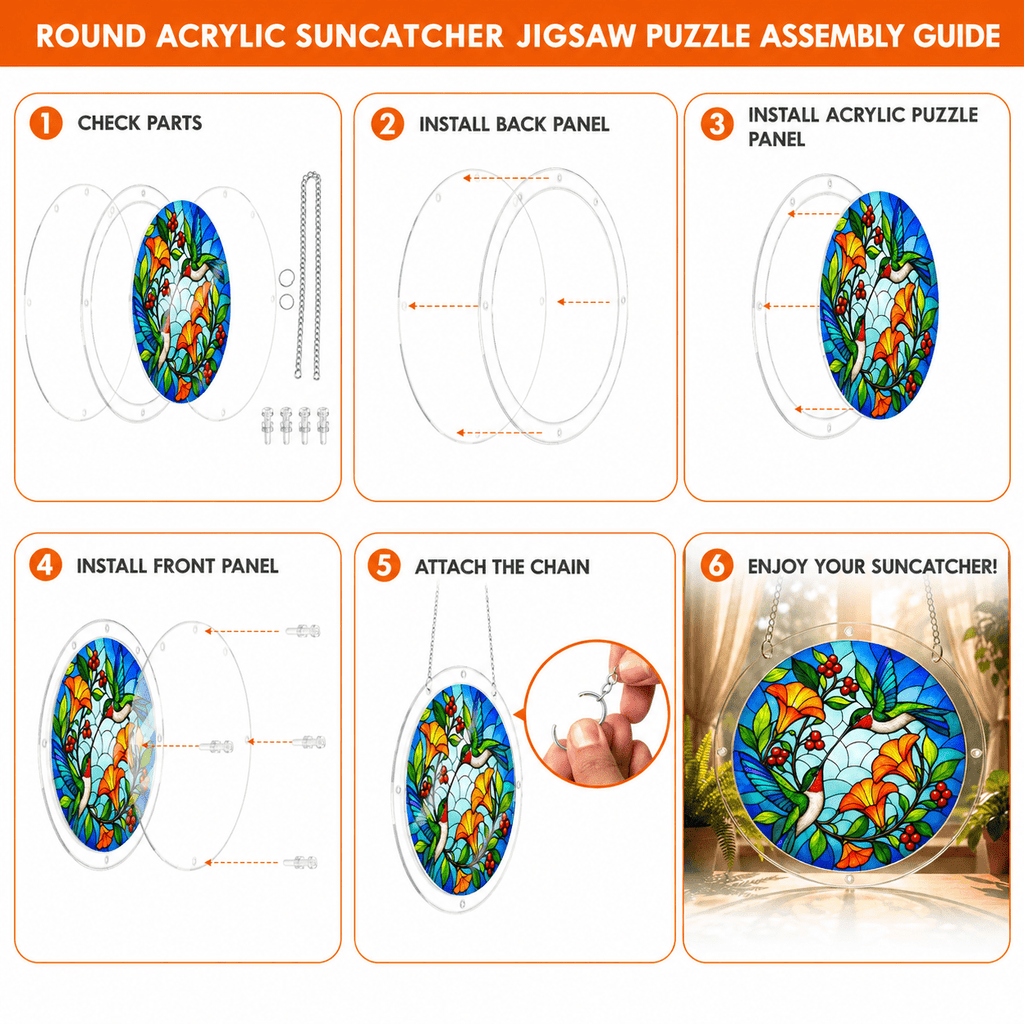 Easy assembly guide for round acrylic hummingbird puzzle suncatcher