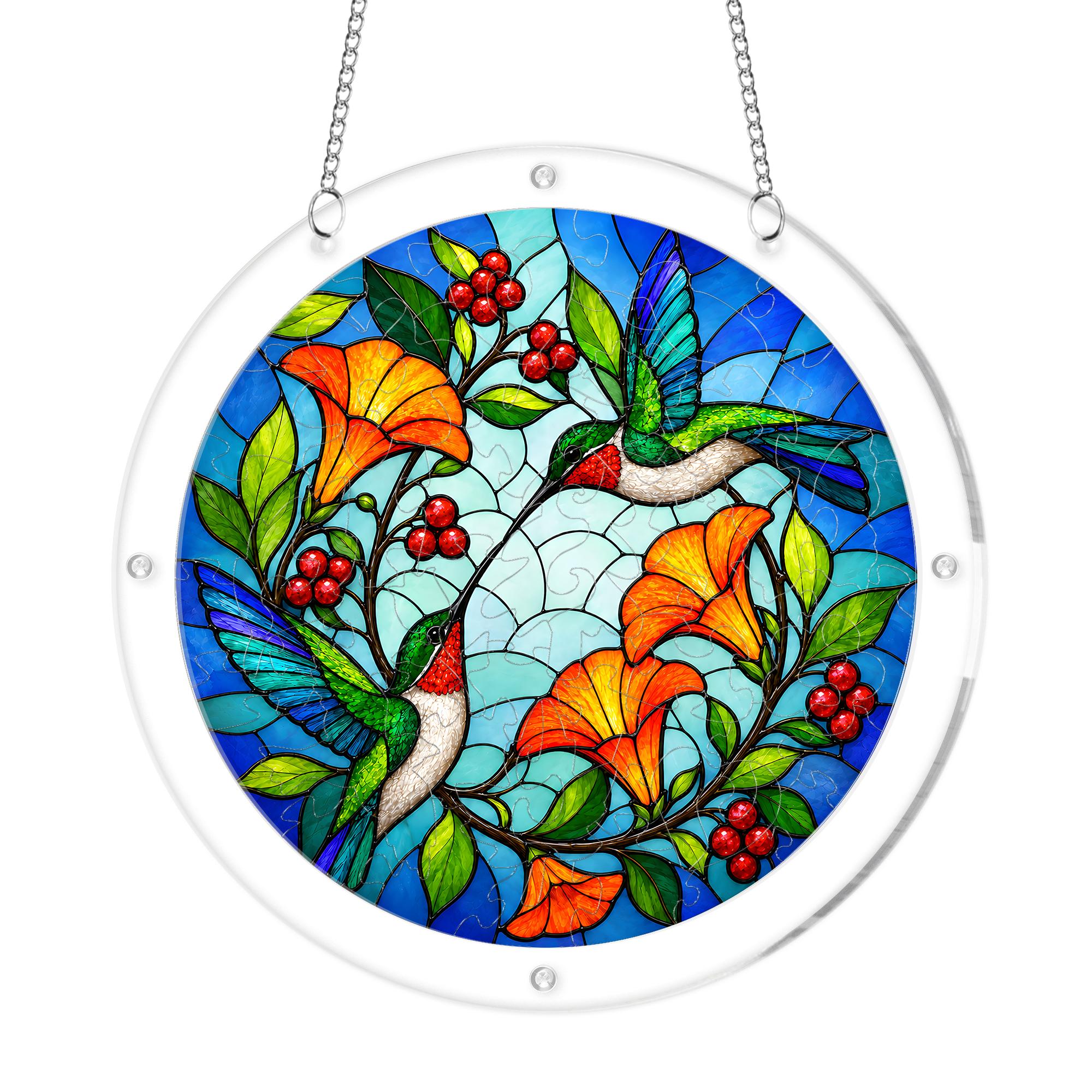 Front view of hummingbird orange flower acrylic puzzle suncatcher