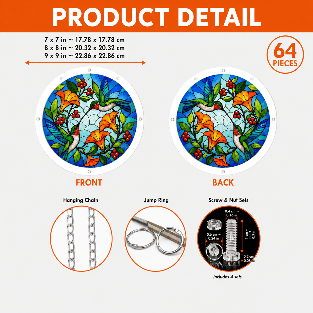 Product details of hummingbird orange flower acrylic puzzle suncatcher with chain and screw sets