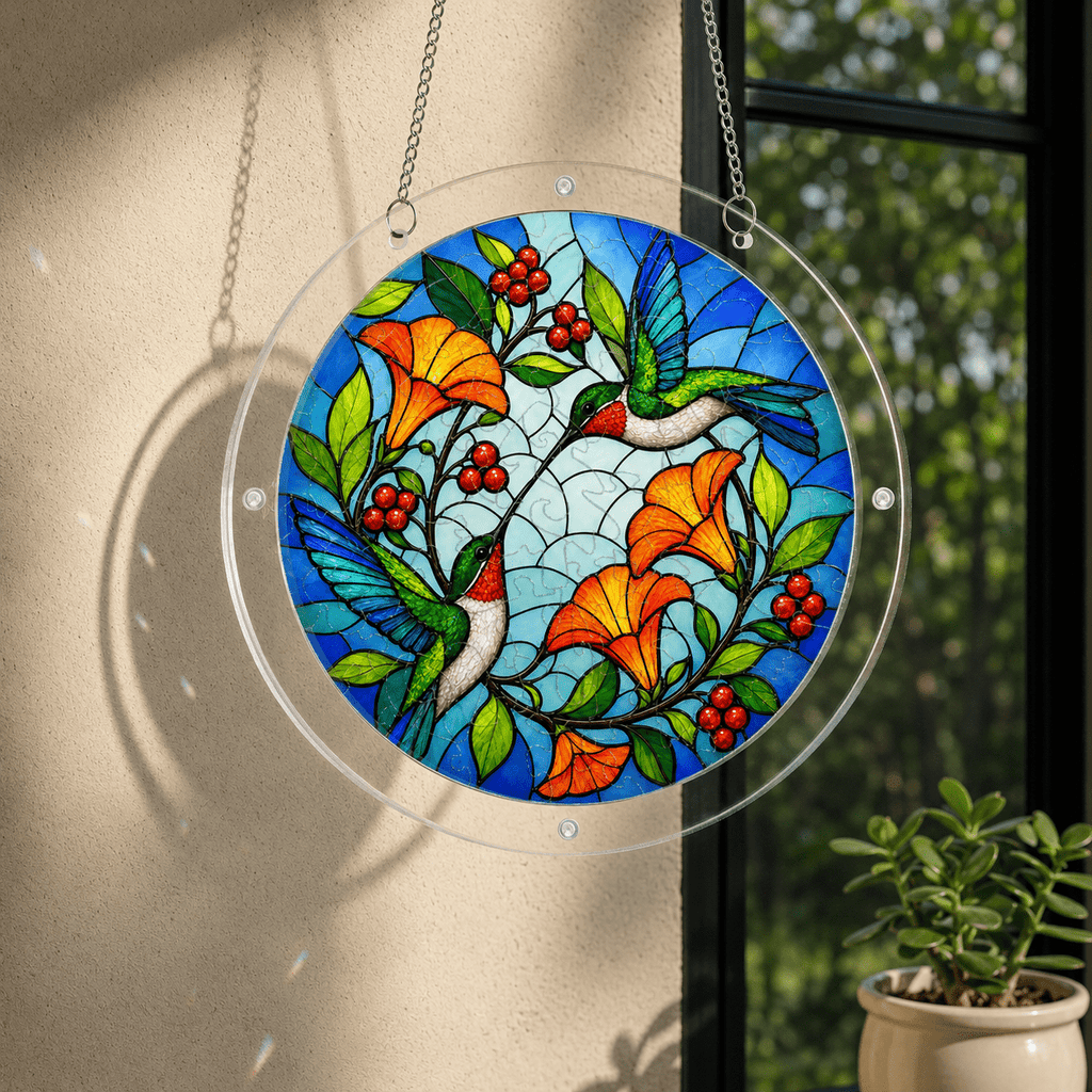 Hummingbird orange flower acrylic puzzle suncatcher displayed in sunlight near a window