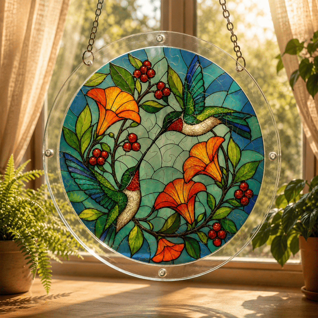 Hummingbird orange flower acrylic puzzle suncatcher hanging by a sunny window