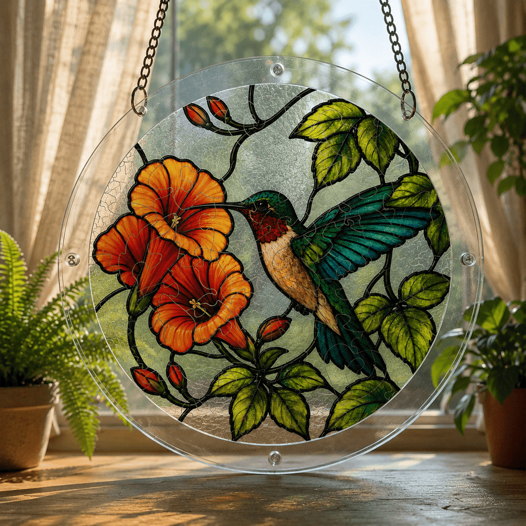 Hummingbird orange flower acrylic puzzle suncatcher hanging by a sunny window