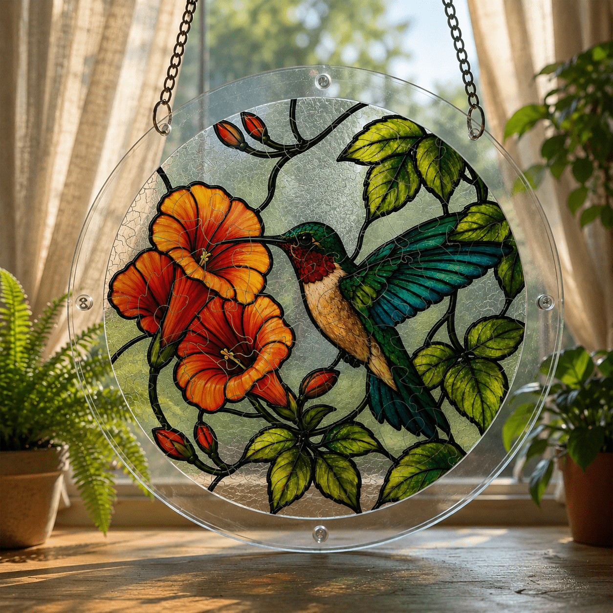Hummingbird orange flower acrylic puzzle suncatcher hanging by a sunny window