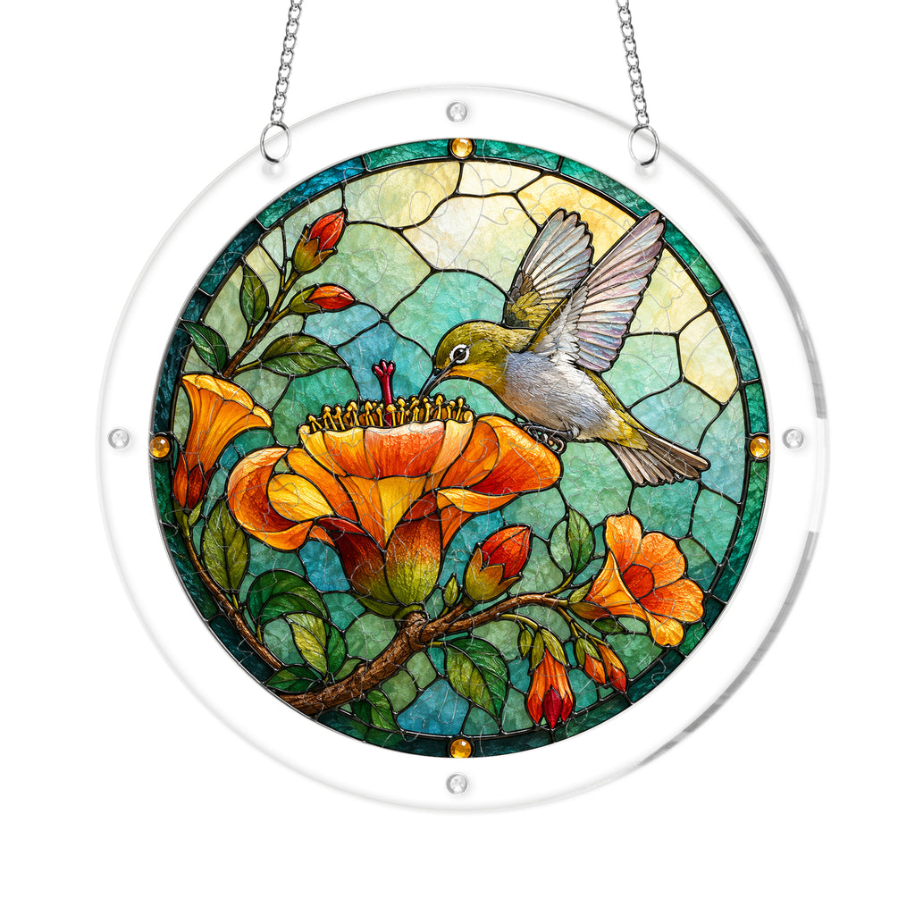 Hummingbird pink flower acrylic jigsaw puzzle suncatcher on white background