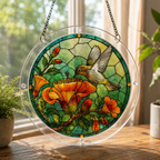 Hummingbird pink flower acrylic jigsaw puzzle suncatcher hanging by a sunny window