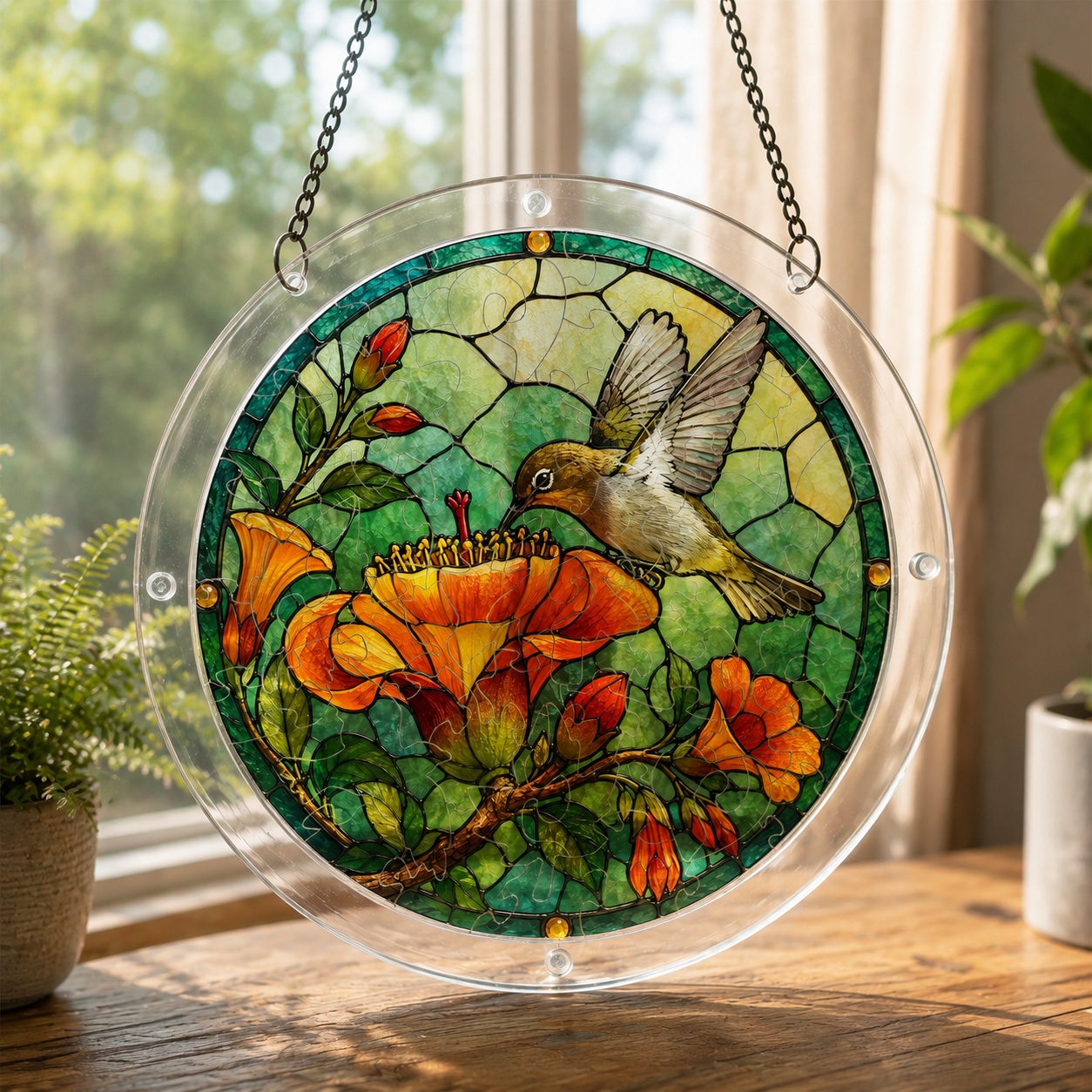 Hummingbird pink flower acrylic jigsaw puzzle suncatcher hanging by a sunny window