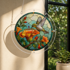 Close-up of hummingbird pink flower acrylic jigsaw puzzle suncatcher hanging near a window