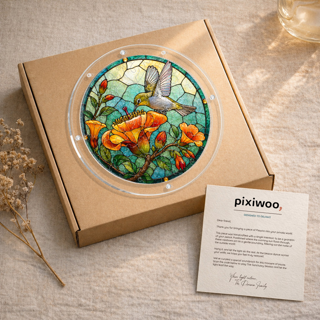 Hummingbird acrylic jigsaw puzzle suncatcher packed in a gift-ready box