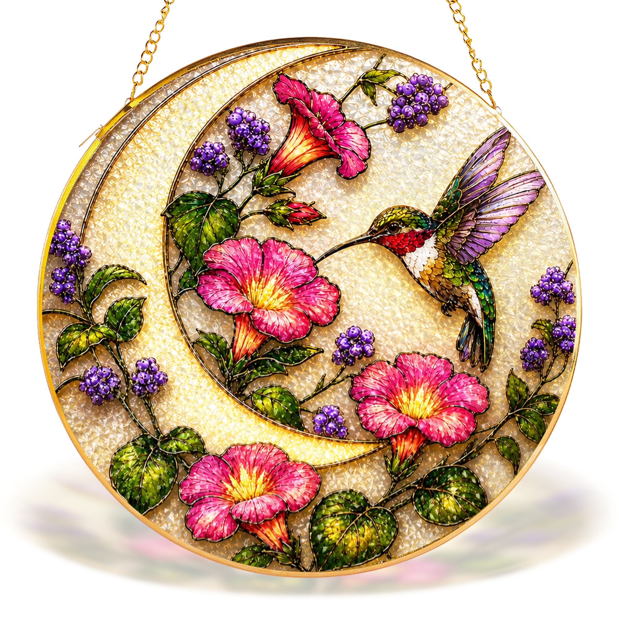 Hummingbird pink flowers gold frame suncatcher in a sunny window