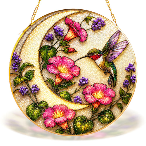 Hummingbird pink flowers gold frame suncatcher in a sunny window