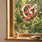 Hummingbird pink flowers suncatcher in a bright window