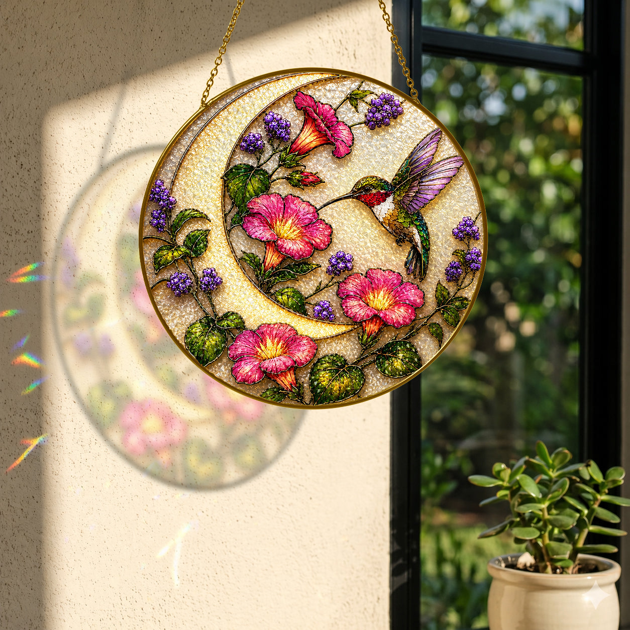 Hummingbird pink flowers suncatcher with colorful light reflection