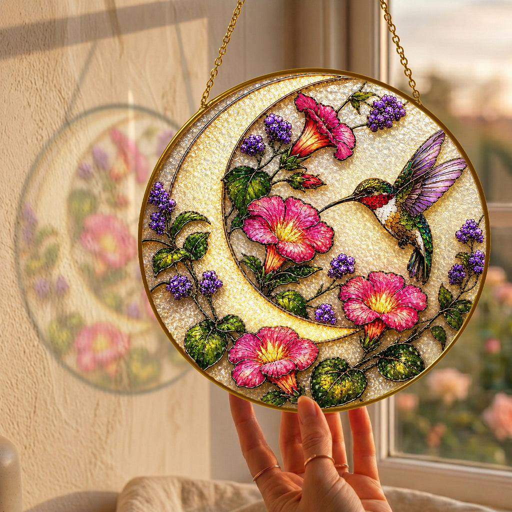 Hummingbird pink flowers suncatcher size chart with 3.5, 4, 6, 7.8, 9.8, and 11.8 inch options