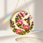 Hummingbird pink flowers suncatcher with gold chain and suction cup