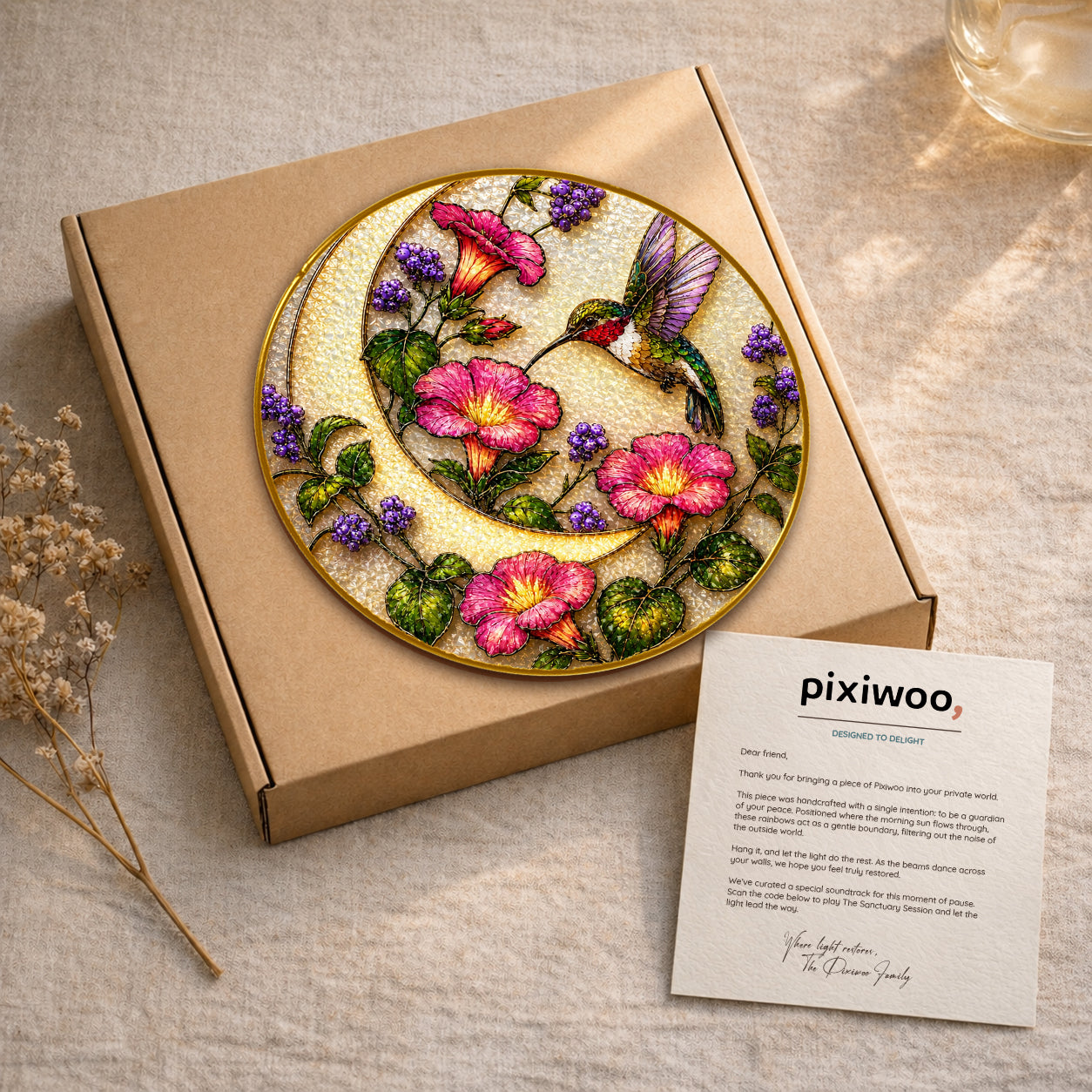 Hummingbird pink flowers stained glass suncatcher on Pixiwoo gift packaging