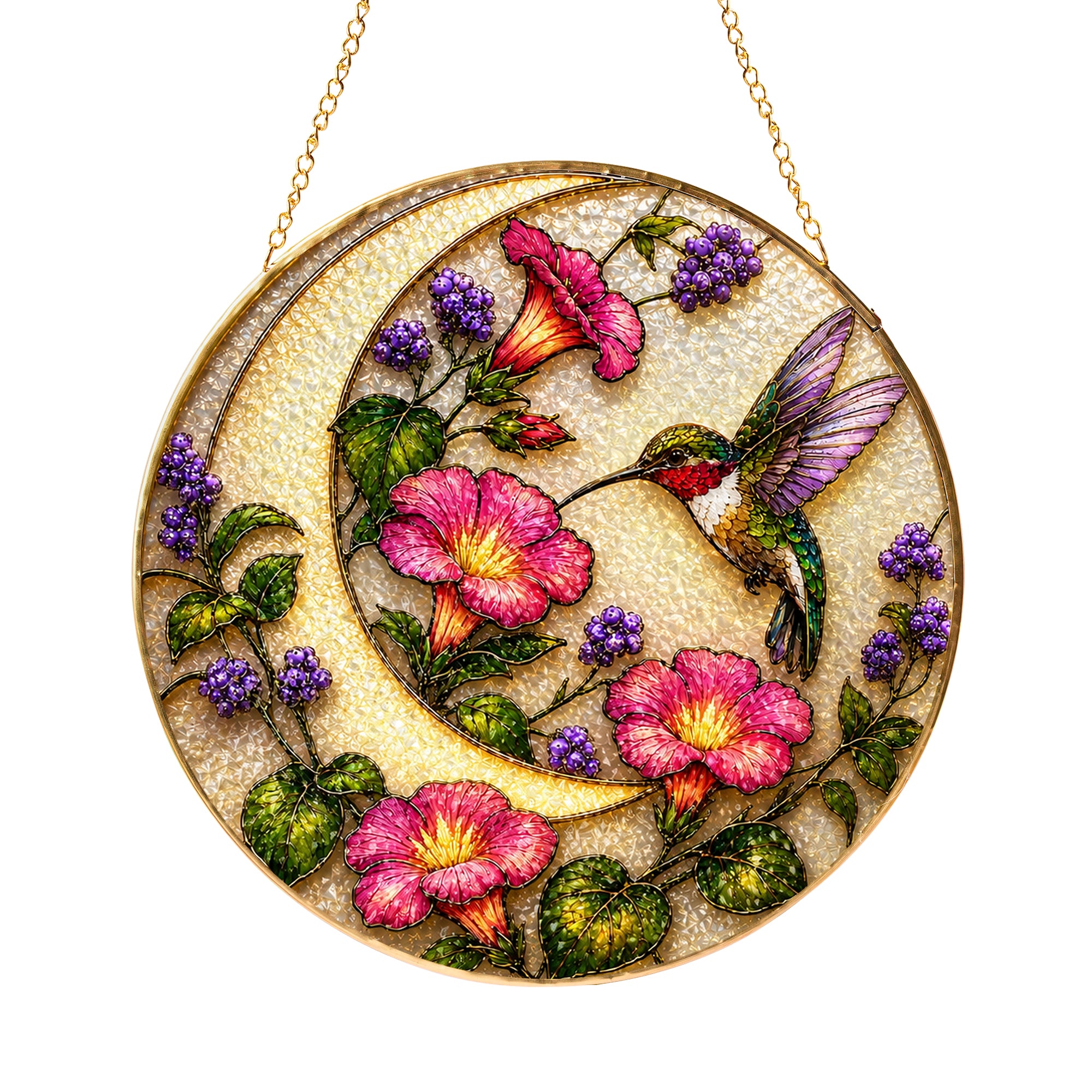 Hummingbird pink flowers gold frame suncatcher product view