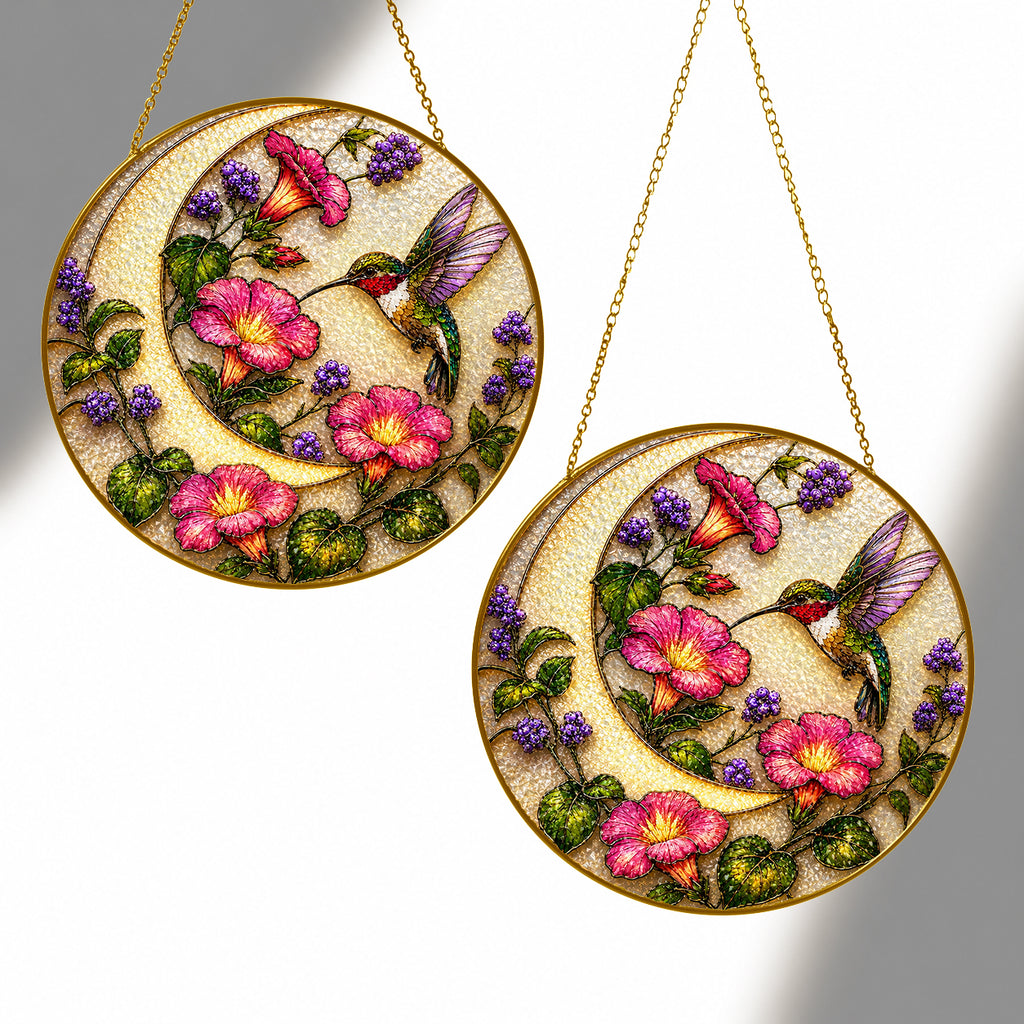 Hummingbird pink flowers suncatcher shown in two sizes
