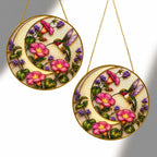 Hummingbird pink flowers suncatcher shown in two sizes
