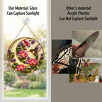 Real glass hummingbird pink flowers suncatcher compared with acrylic, glass captures sunlight