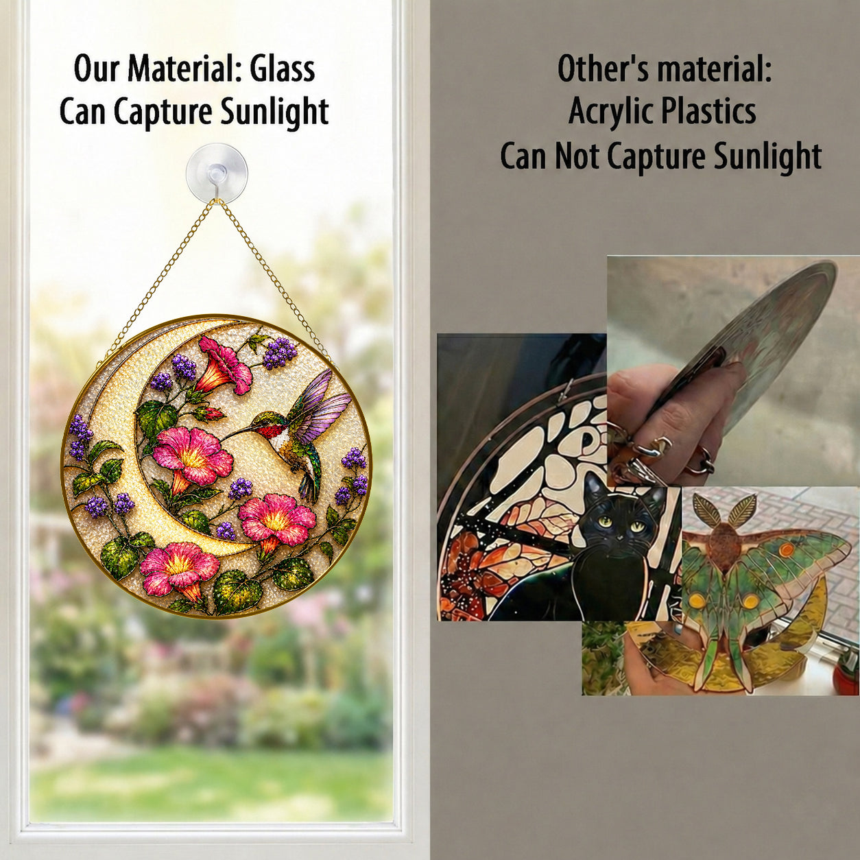 Real glass hummingbird pink flowers suncatcher compared with acrylic, glass captures sunlight