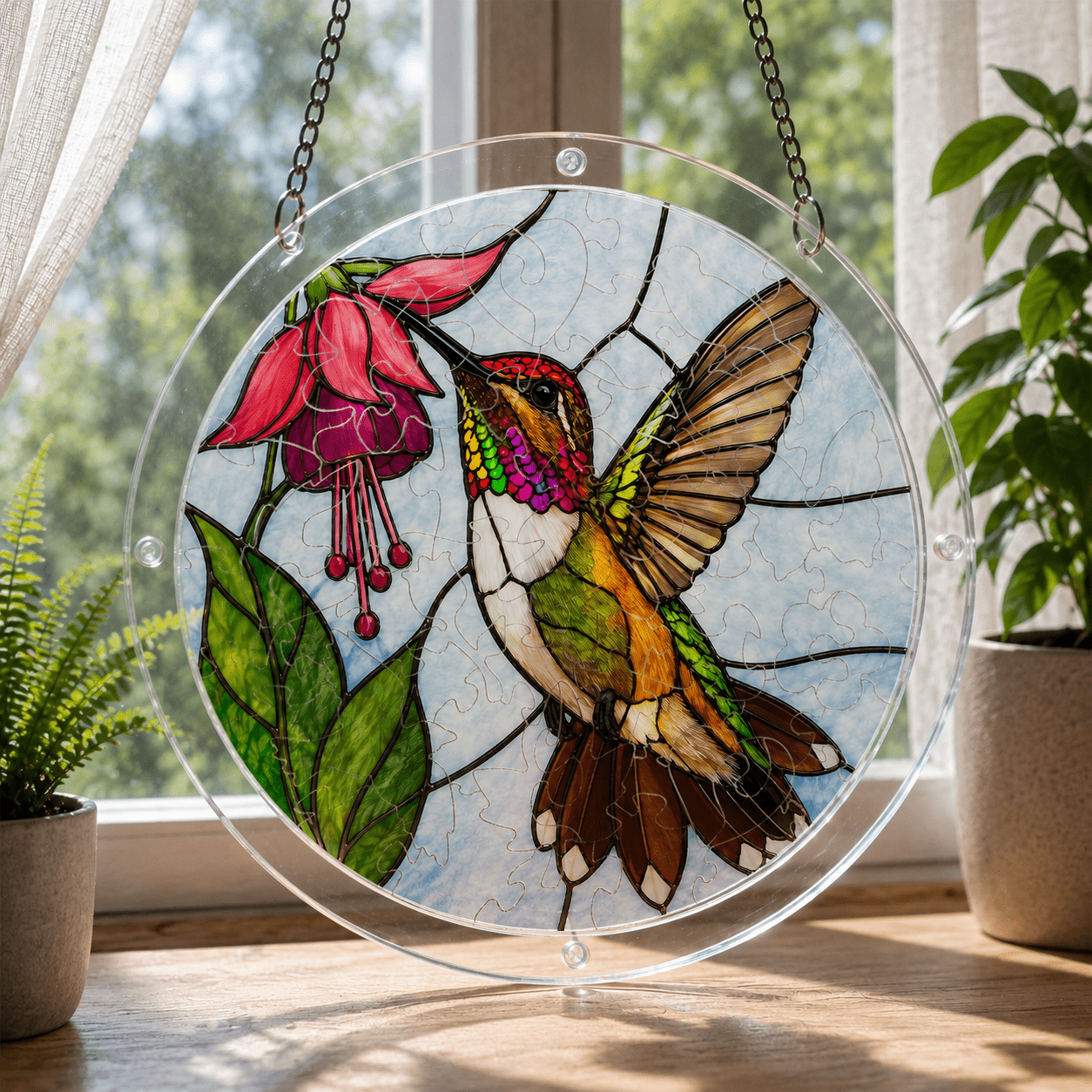 Hand holding a hummingbird pink fuchsia flower acrylic puzzle suncatcher by a sunny window